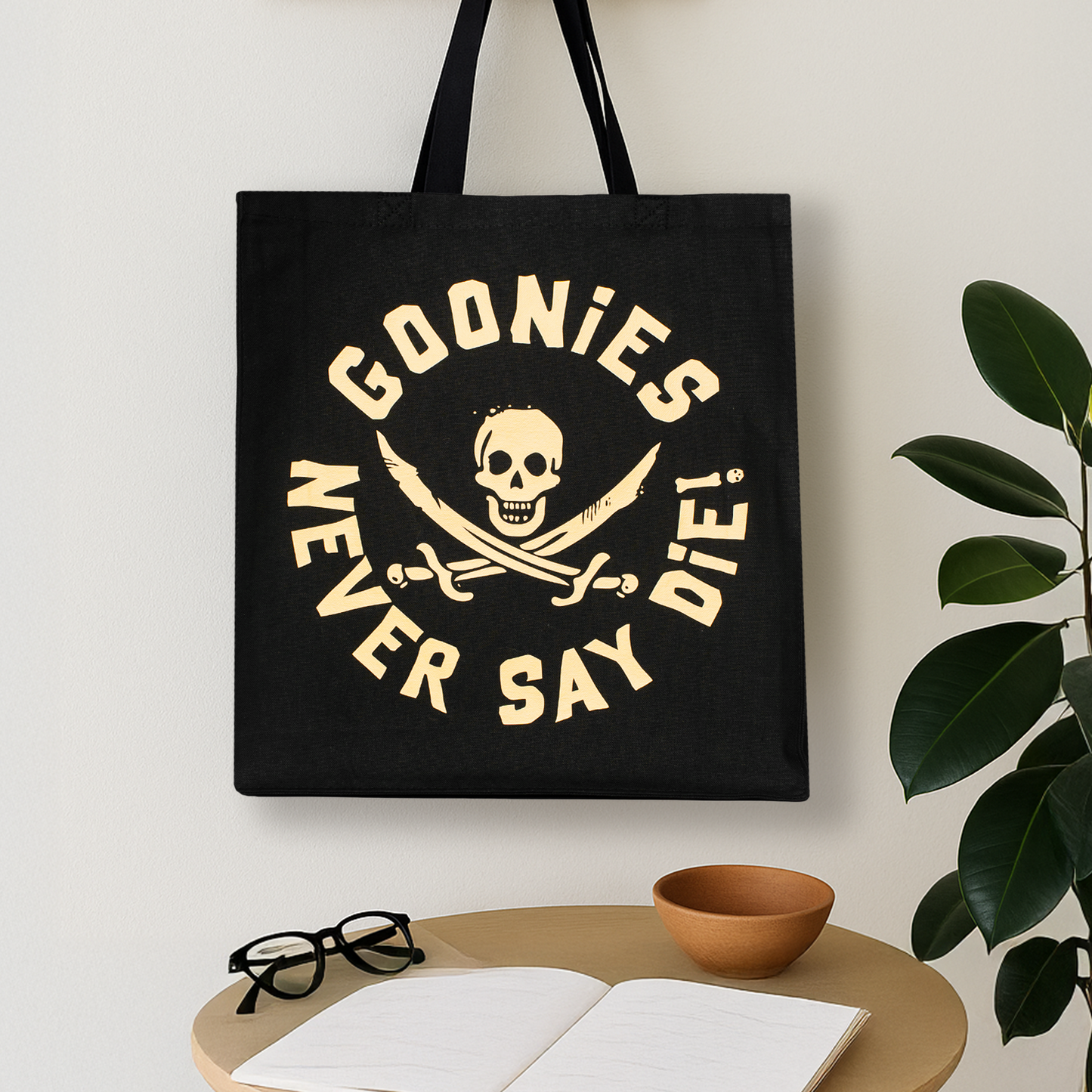 Goonies Pirate Skull Tote Bag • Black Cotton • 14 x 15 x 3.5 in • Gold/Silver Matte Vinyl