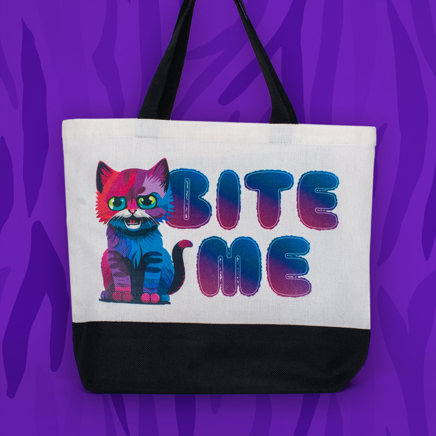 Bite Me Cat Tote Bag • White Polyester Linen • 18 W x 14.5 H x 4.5 D in • Sublimation Print
