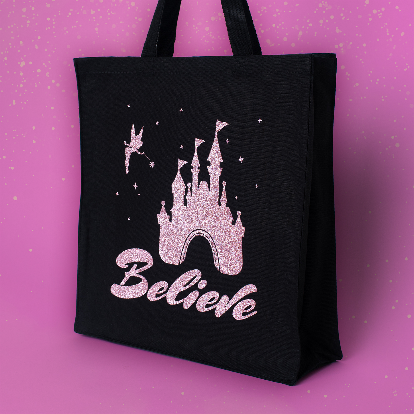 Believe Glitter Tote Bag v1 • Black Cotton • 14 x 15 x 3.5 in • Glitter Vinyl