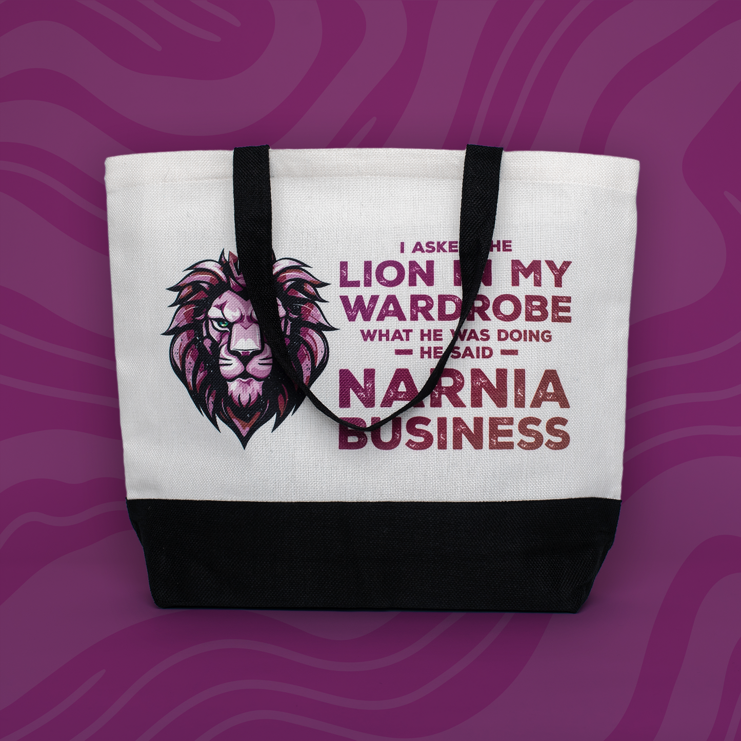 Punny Narnia Tote Bag – “Lion in My Wardrobe” Quote – Blue/Teal or Berry/Red Print – Eco-Friendly, Reusable 18"x14.5" Shopping Bag