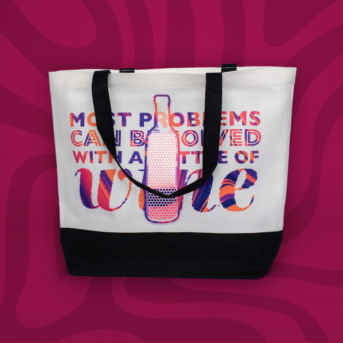 Wine Quote Tote Bag • White Polyester Linen • 18 W x 14.5 H x 4.5 D in • Sub Print/Holographic HTV