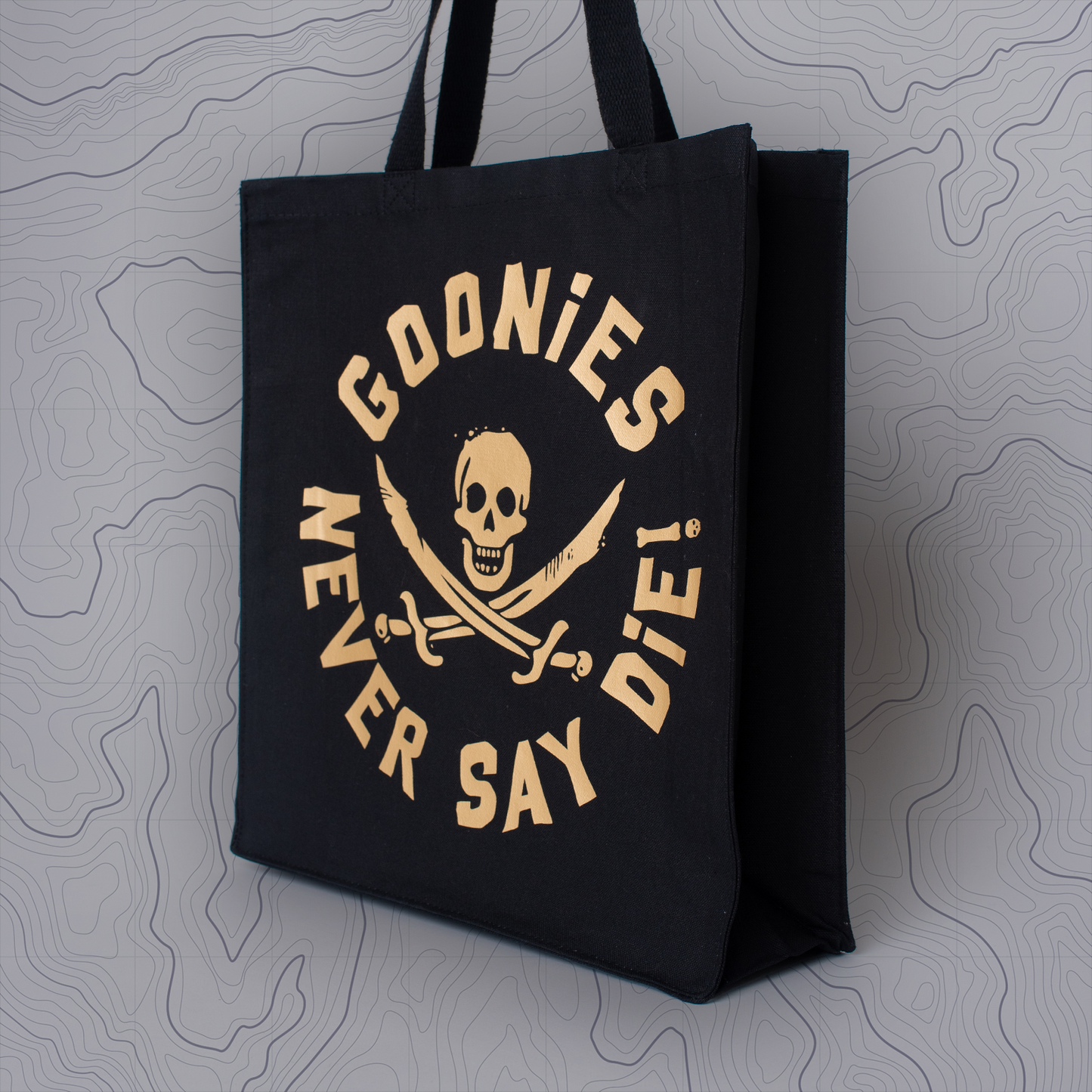 Goonies Pirate Skull Tote Bag • Black Cotton • 14 x 15 x 3.5 in • Gold/Silver Matte Vinyl