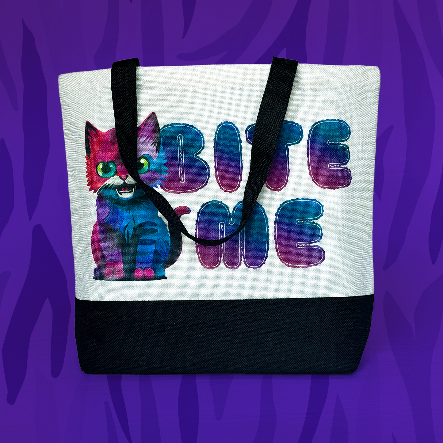 Bite Me Cat Tote Bag • White Polyester Linen • 18 W x 14.5 H x 4.5 D in • Sublimation Print