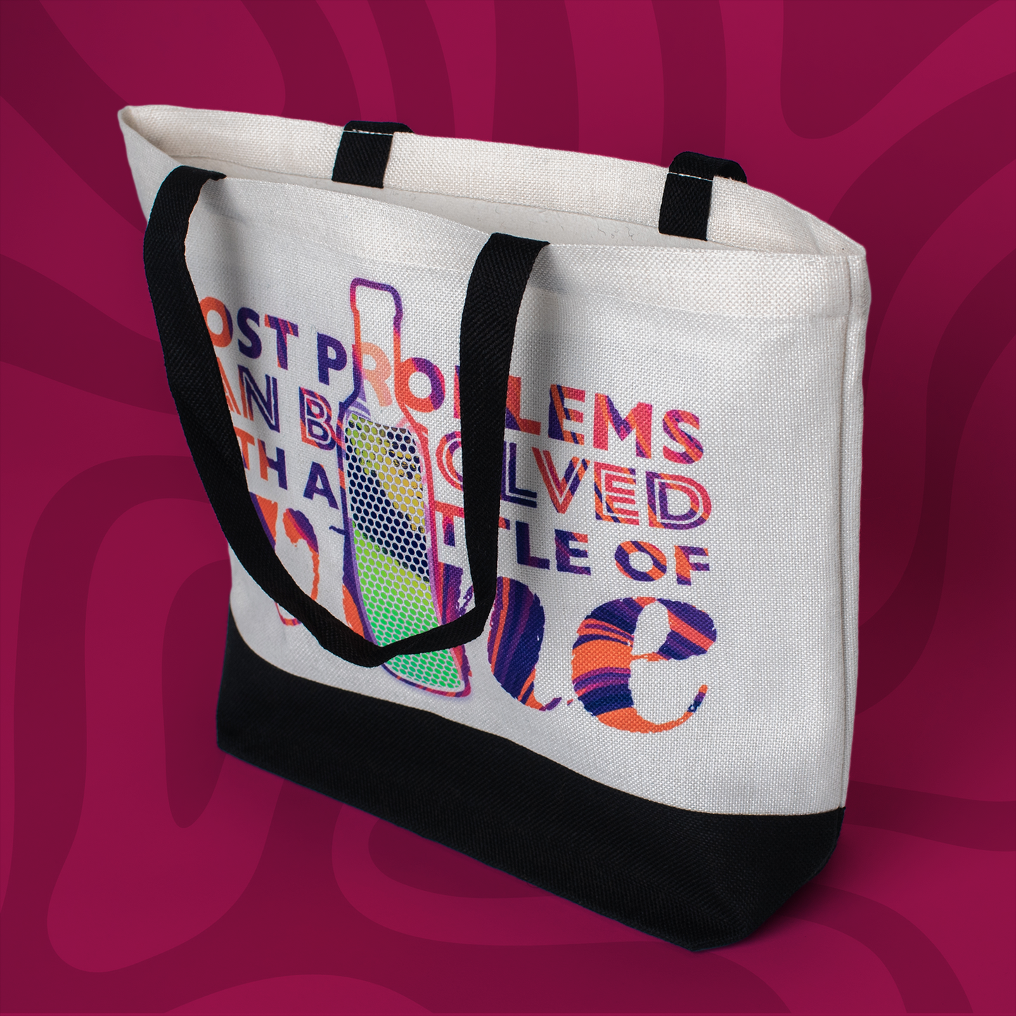 Wine Quote Tote Bag • White Polyester Linen • 18 W x 14.5 H x 4.5 D in • Sub Print/Holographic HTV