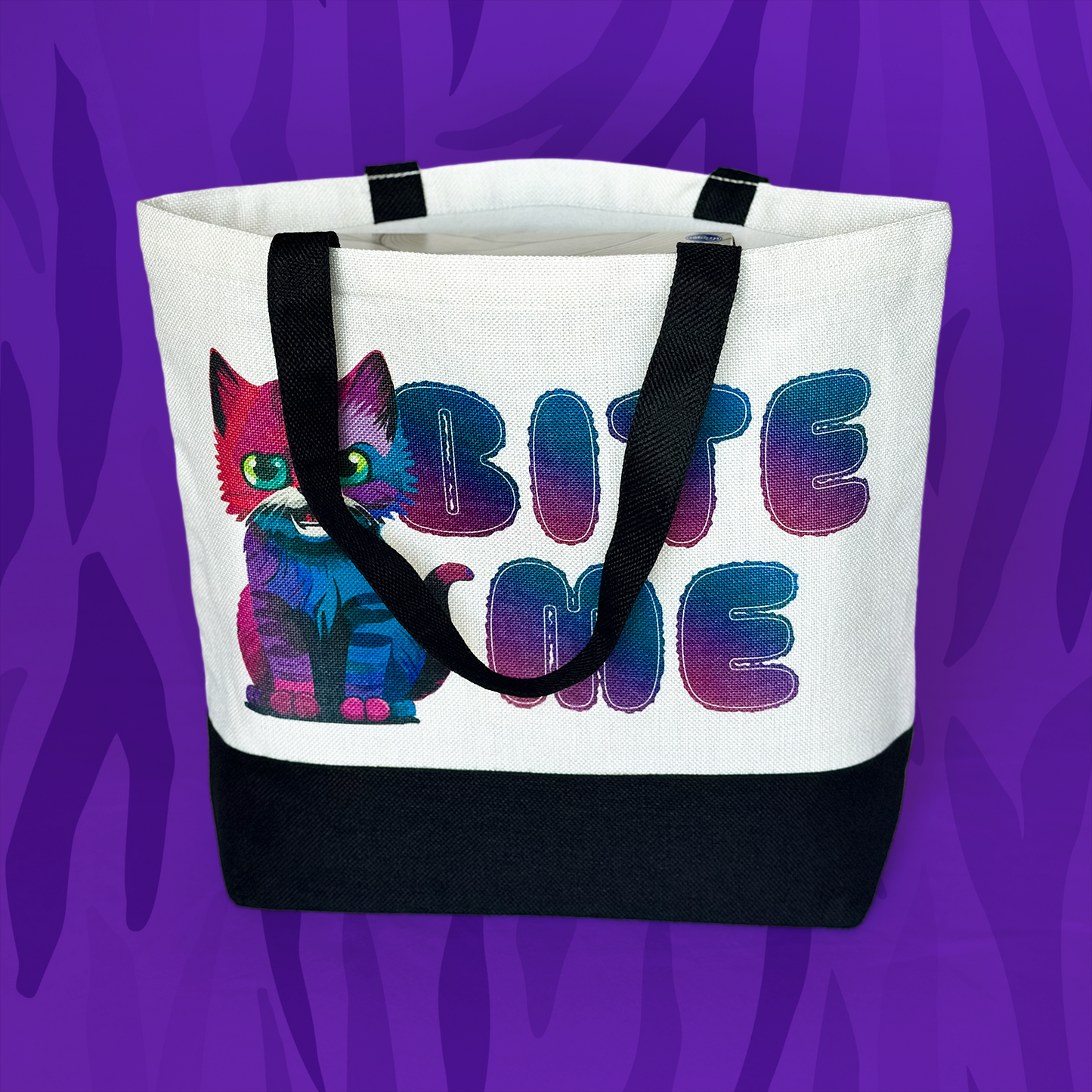 Bite Me Cat Tote Bag • White Polyester Linen • 18 W x 14.5 H x 4.5 D in • Sublimation Print