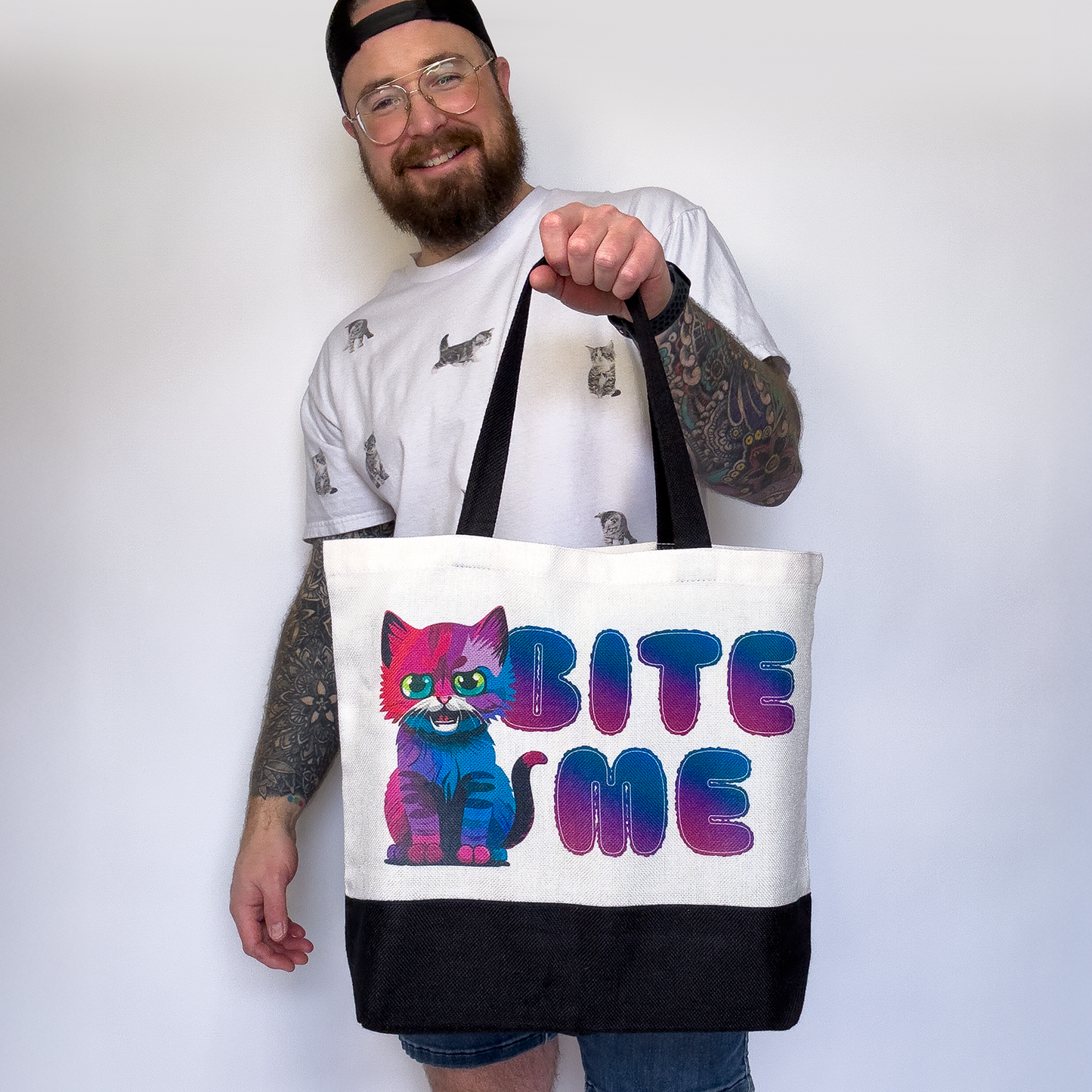 Bite Me Cat Tote Bag • White Polyester Linen • 18 W x 14.5 H x 4.5 D in • Sublimation Print
