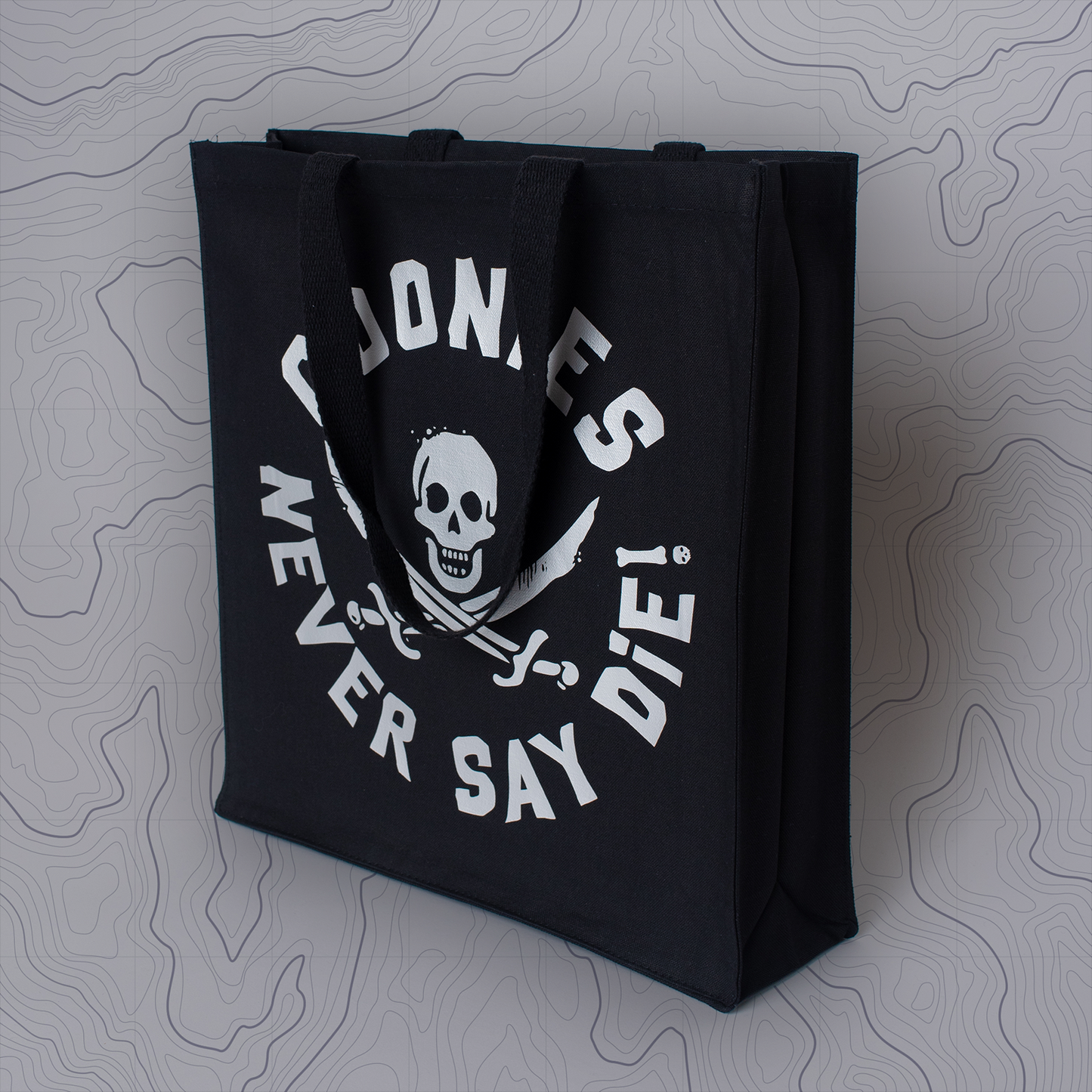 Goonies Pirate Skull Tote Bag • Black Cotton • 14 x 15 x 3.5 in • Gold/Silver Matte Vinyl