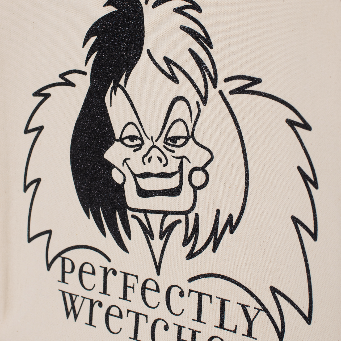 Cruella De Vil Perfectly Wretched Tote Bag • Natural Cotton • 14 x 15 x 3.5 in • Black/Black Glitter Vinyl