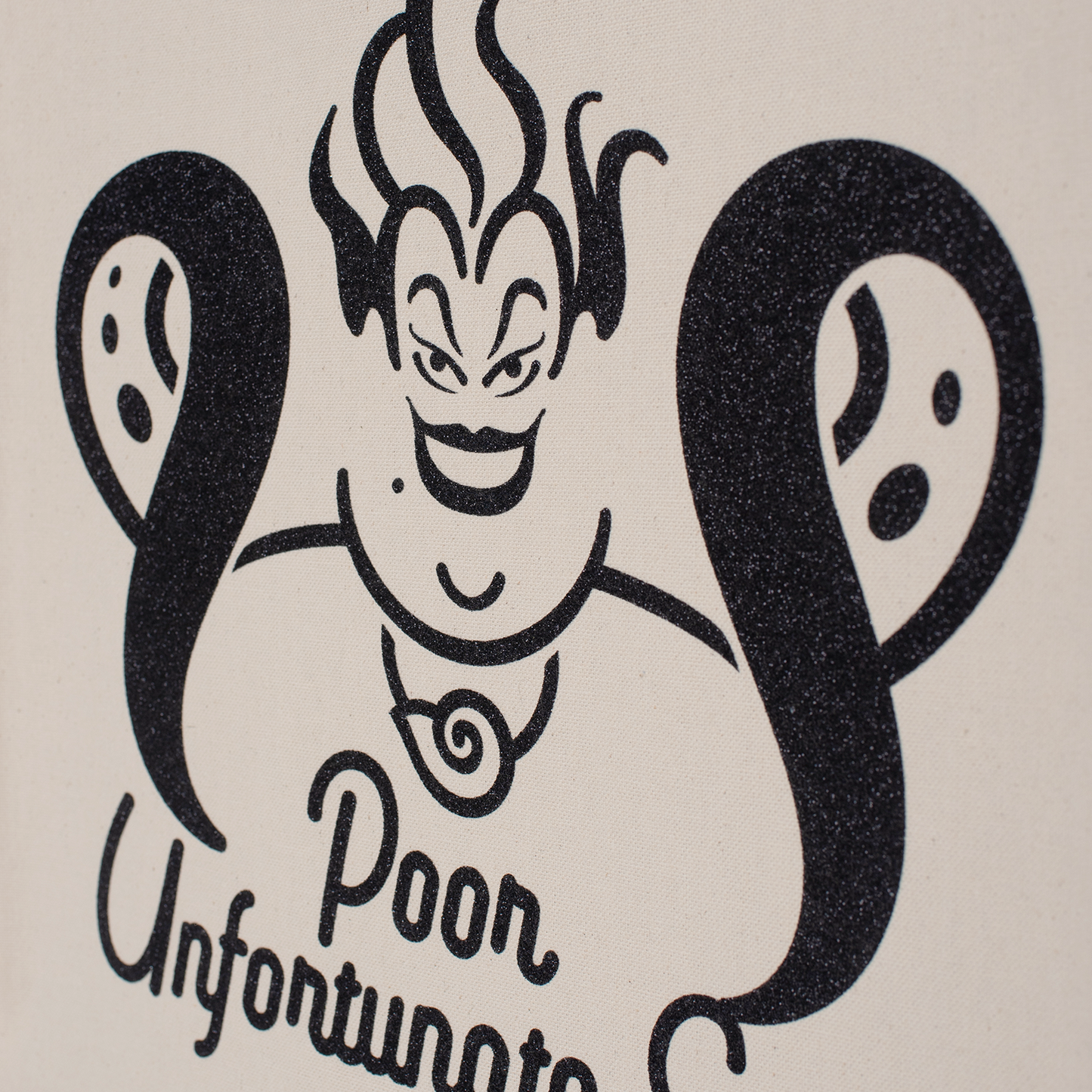 Ursula Poor Unfortunate Souls Tote Bag • Natural Cotton • 14 x 15 x 3.5 in • Black/Black Glitter Vinyl