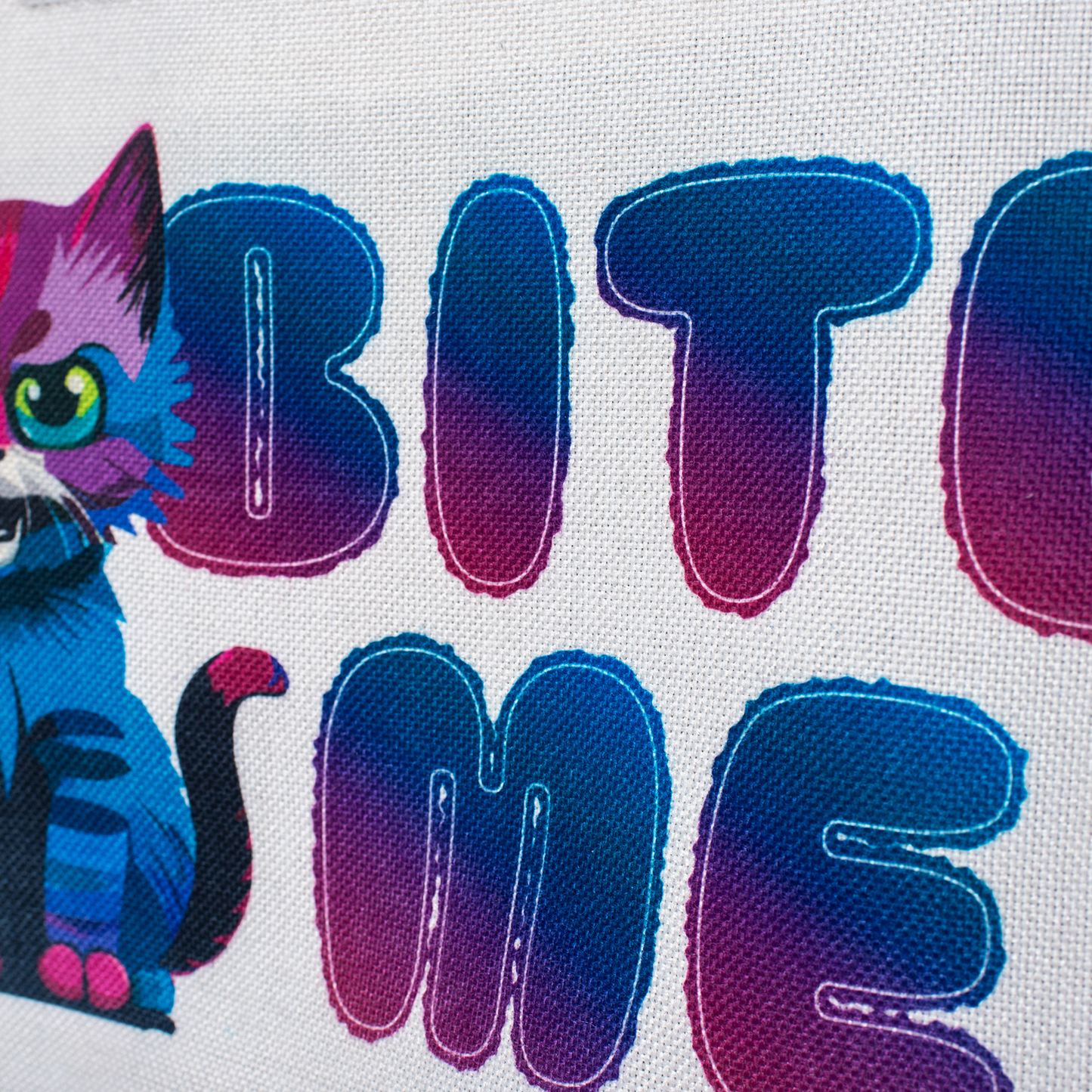 Bite Me Cat Tote Bag • White Polyester Linen • 18 W x 14.5 H x 4.5 D in • Sublimation Print