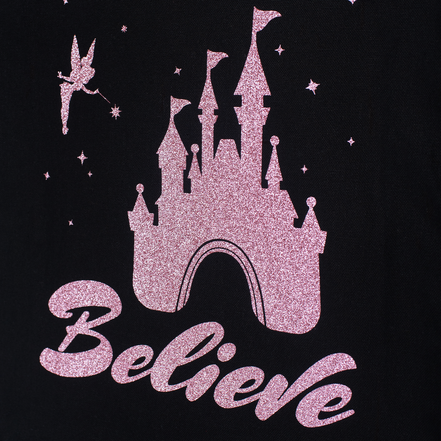 Believe Glitter Tote Bag v1 • Black Cotton • 14 x 15 x 3.5 in • Glitter Vinyl