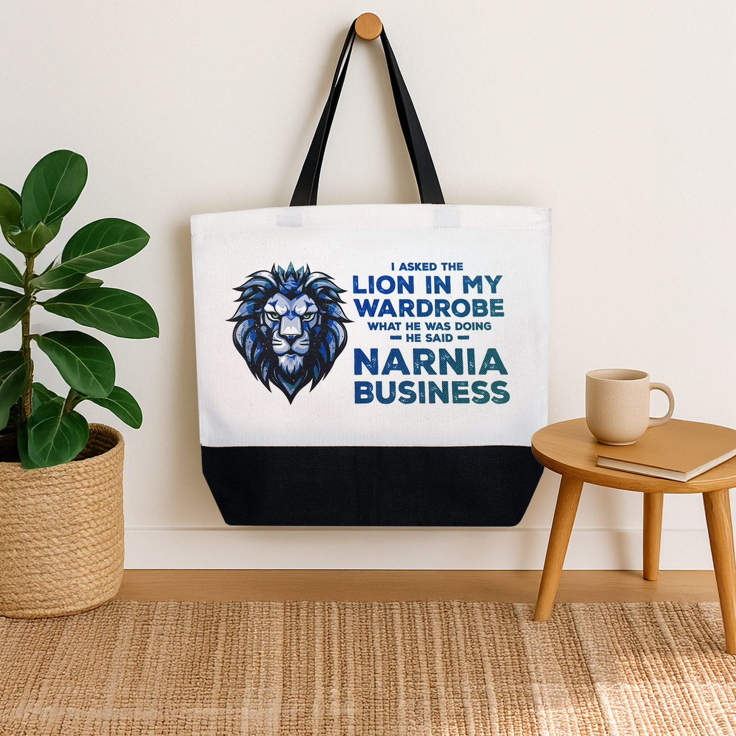 Punny Narnia Tote Bag – “Lion in My Wardrobe” Quote – Blue/Teal or Berry/Red Print – Eco-Friendly, Reusable 18"x14.5" Shopping Bag