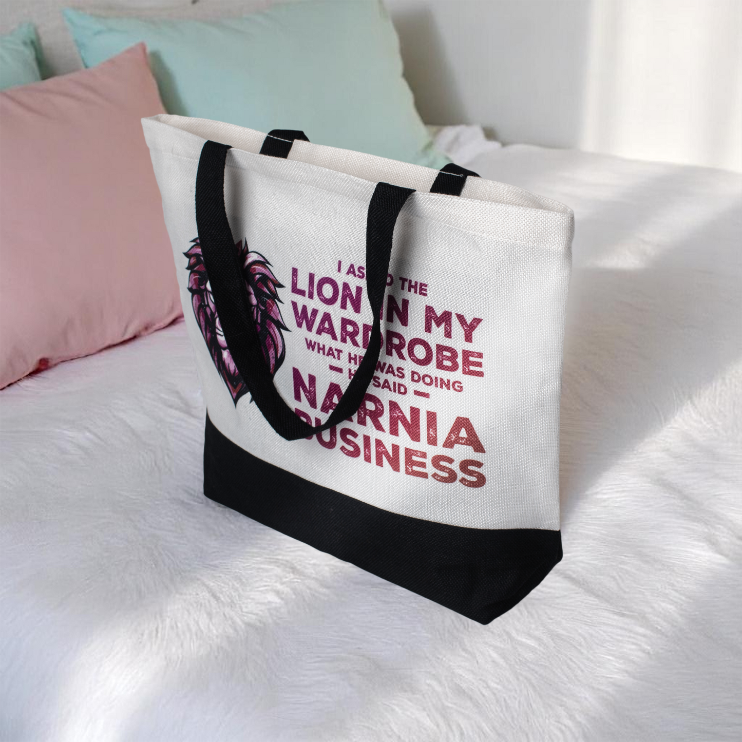 Punny Narnia Tote Bag – “Lion in My Wardrobe” Quote – Blue/Teal or Berry/Red Print – Eco-Friendly, Reusable 18"x14.5" Shopping Bag