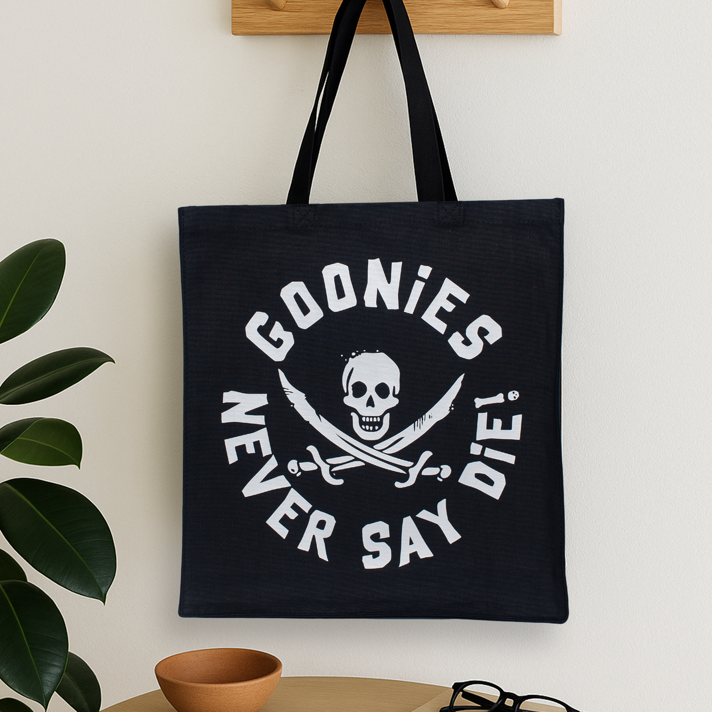 Goonies Pirate Skull Tote Bag • Black Cotton • 14 x 15 x 3.5 in • Gold/Silver Matte Vinyl