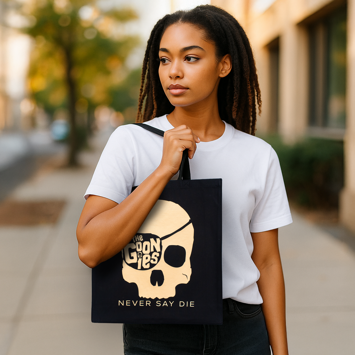 Goonies Skull w/ Eye Patch Tote Bag • Black Cotton • 14 x 15 x 3.5 in • Gold/Silver Matte Vinyl