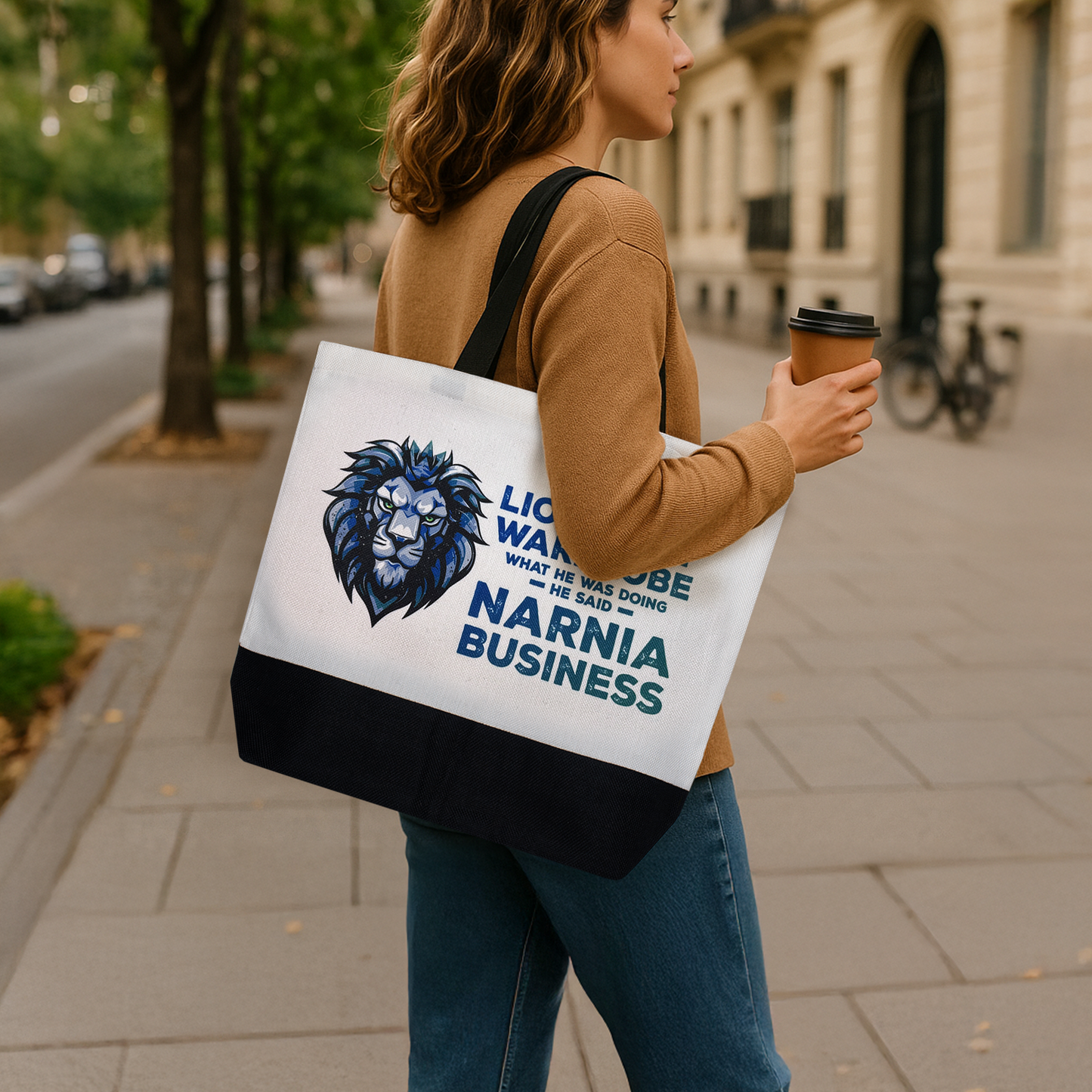 Punny Narnia Tote Bag – “Lion in My Wardrobe” Quote – Blue/Teal or Berry/Red Print – Eco-Friendly, Reusable 18"x14.5" Shopping Bag