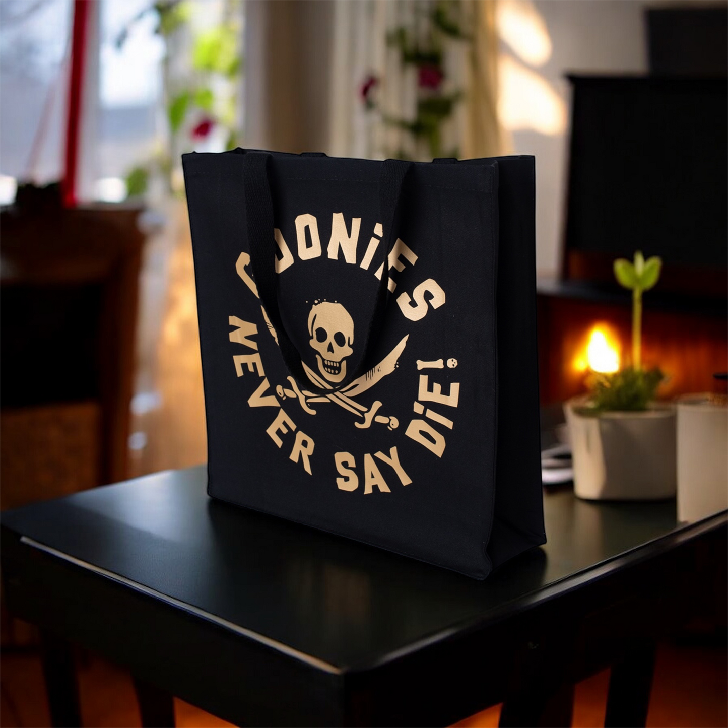 Goonies Pirate Skull Tote Bag • Black Cotton • 14 x 15 x 3.5 in • Gold/Silver Matte Vinyl