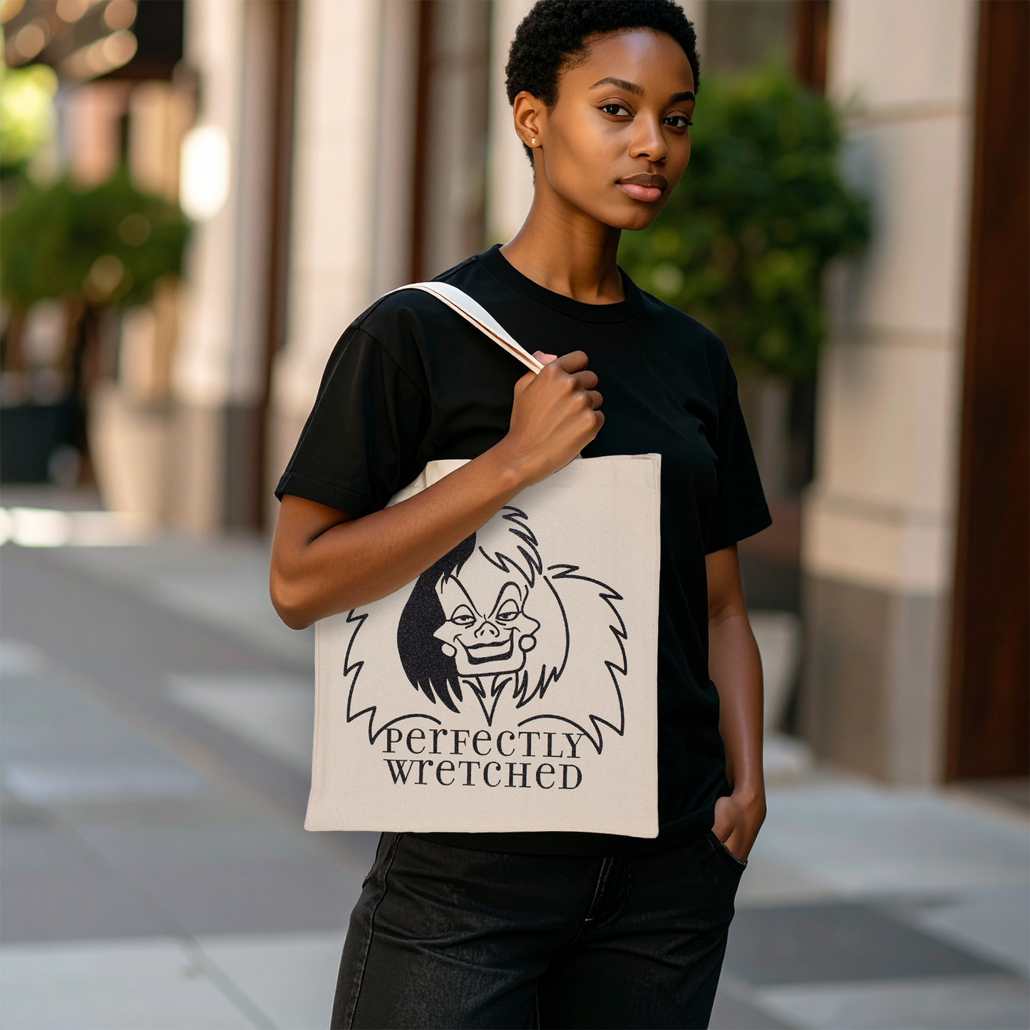 Cruella De Vil Perfectly Wretched Tote Bag • Natural Cotton • 14 x 15 x 3.5 in • Black/Black Glitter Vinyl
