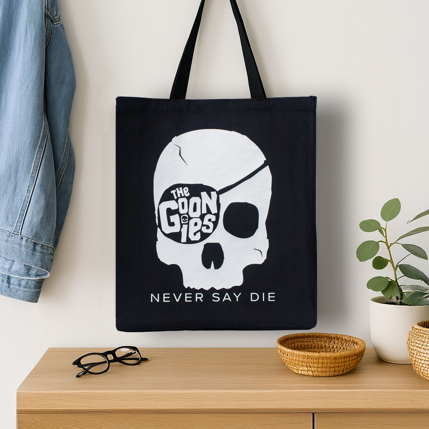 Goonies Skull w/ Eye Patch Tote Bag • Black Cotton • 14 x 15 x 3.5 in • Gold/Silver Matte Vinyl