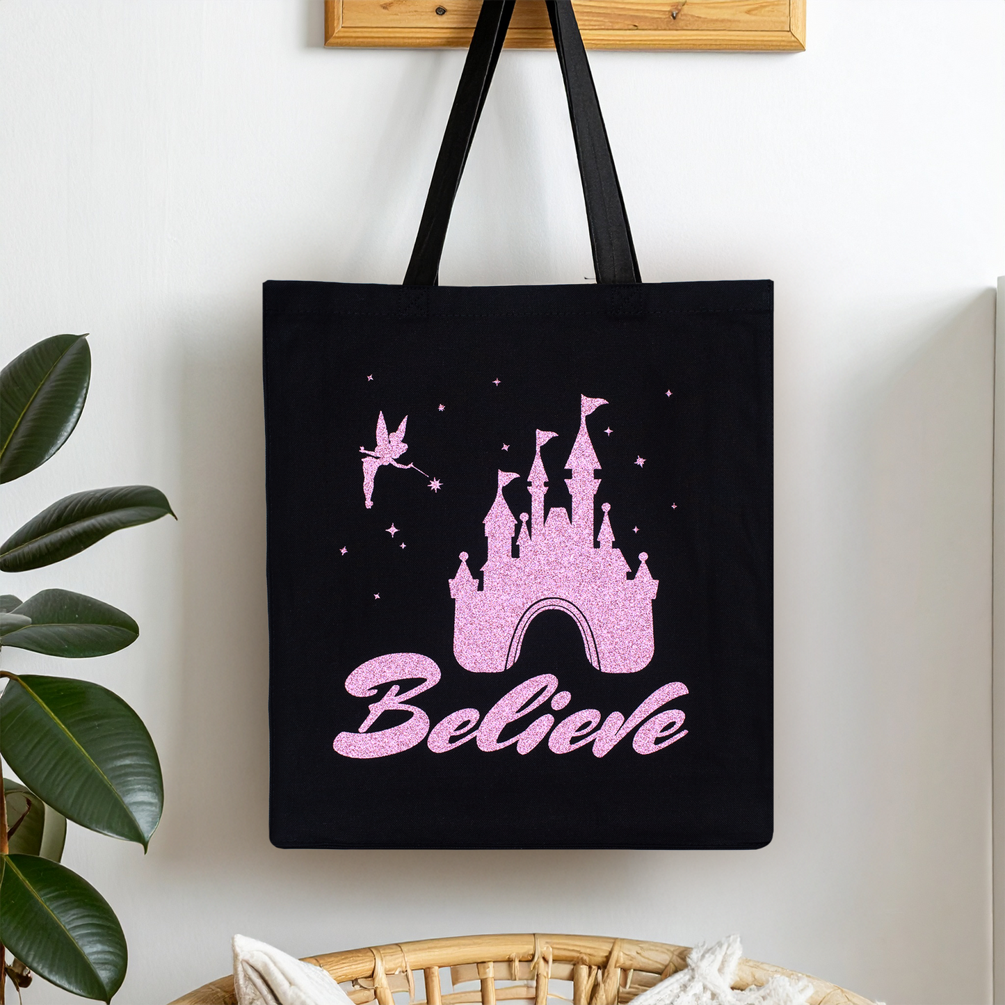 Believe Glitter Tote Bag v1 • Black Cotton • 14 x 15 x 3.5 in • Glitter Vinyl