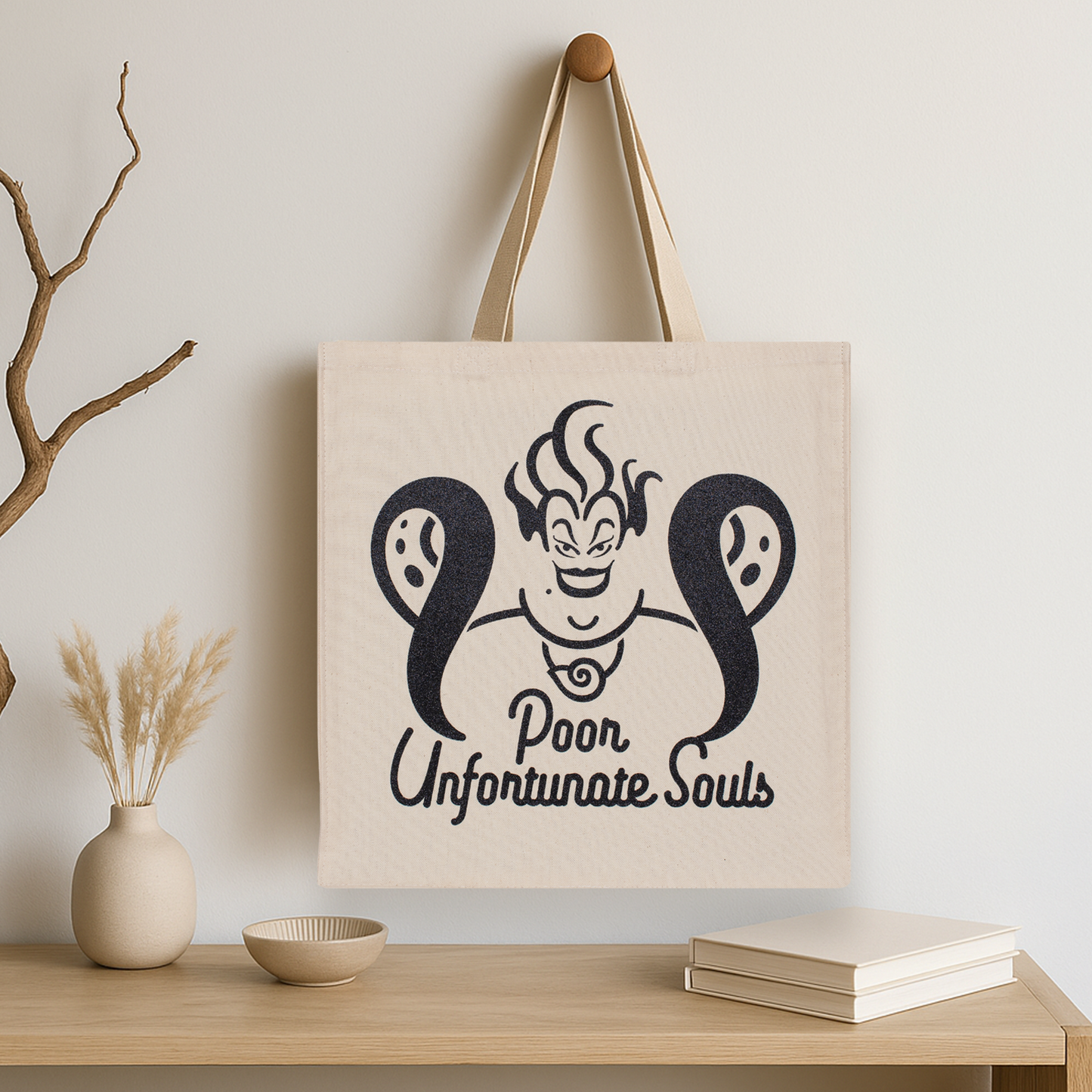 Ursula Poor Unfortunate Souls Tote Bag • Natural Cotton • 14 x 15 x 3.5 in • Black/Black Glitter Vinyl