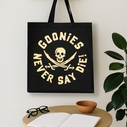 Goonies Pirate Skull Tote Bag • Black Cotton • 14 x 15 x 3.5 in • Gold/Silver Matte Vinyl