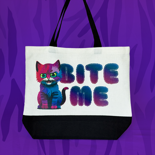 Bite Me Cat Tote Bag • White Polyester Linen • 18 W x 14.5 H x 4.5 D in • Sublimation Print
