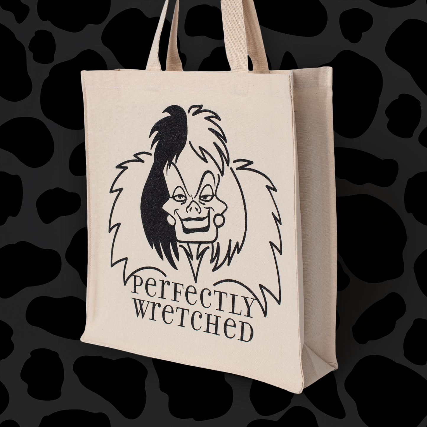 Cruella De Vil Perfectly Wretched Tote Bag • Natural Cotton • 14 x 15 x 3.5 in • Black/Black Glitter Vinyl