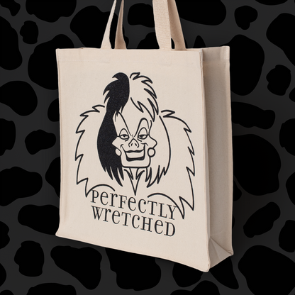 Cruella De Vil Perfectly Wretched Tote Bag • Natural Cotton • 14 x 15 x 3.5 in • Black/Black Glitter Vinyl