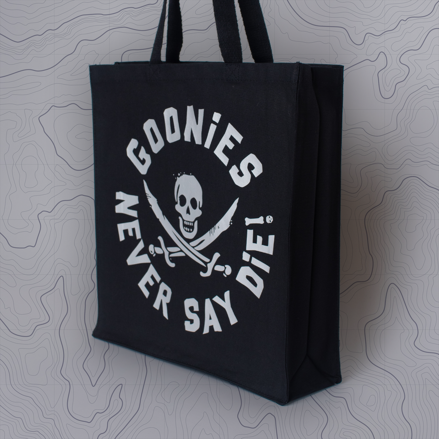 Goonies Pirate Skull Tote Bag • Black Cotton • 14 x 15 x 3.5 in • Gold/Silver Matte Vinyl