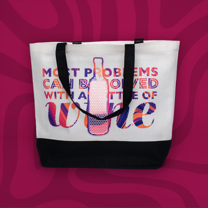 Wine Quote Tote Bag • White Polyester Linen • 18 W x 14.5 H x 4.5 D in • Sub Print/Holographic HTV