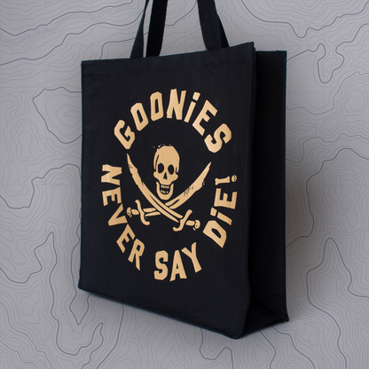 Goonies Pirate Skull Tote Bag • Black Cotton • 14 x 15 x 3.5 in • Gold/Silver Matte Vinyl