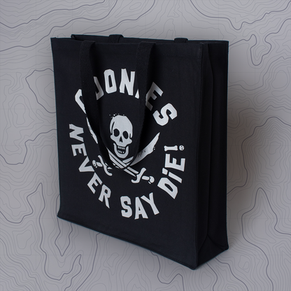 Goonies Pirate Skull Tote Bag • Black Cotton • 14 x 15 x 3.5 in • Gold/Silver Matte Vinyl