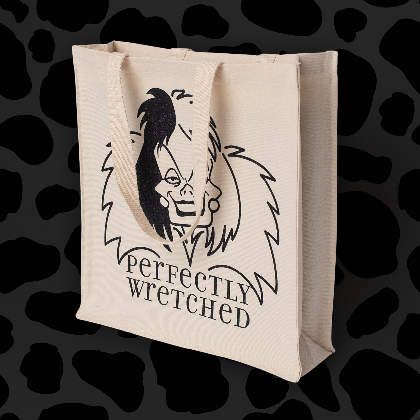 Cruella De Vil Perfectly Wretched Tote Bag • Natural Cotton • 14 x 15 x 3.5 in • Black/Black Glitter Vinyl