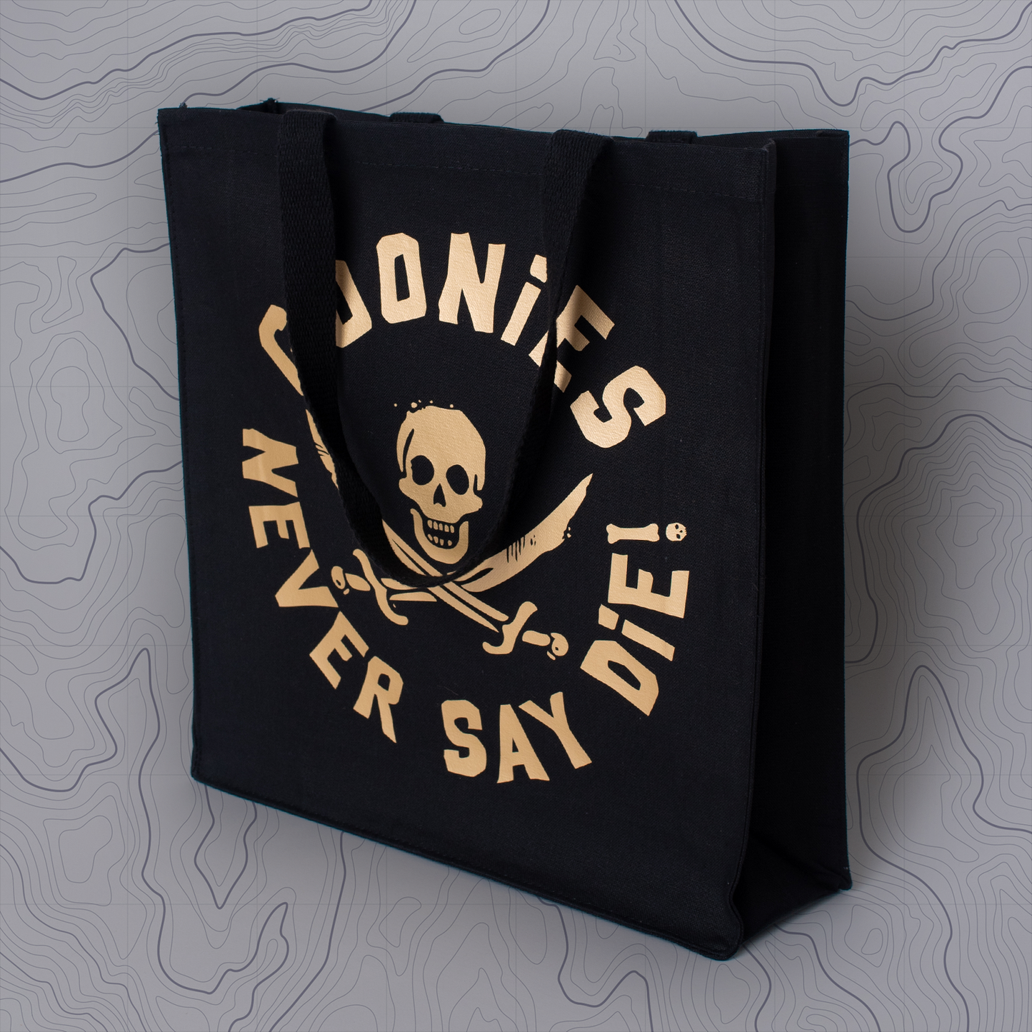 Goonies Pirate Skull Tote Bag • Black Cotton • 14 x 15 x 3.5 in • Gold/Silver Matte Vinyl