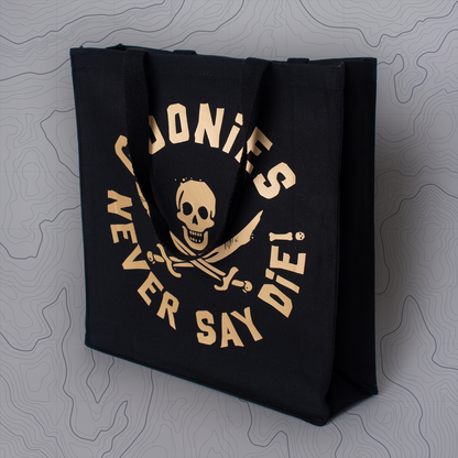 Goonies Pirate Skull Tote Bag • Black Cotton • 14 x 15 x 3.5 in • Gold/Silver Matte Vinyl