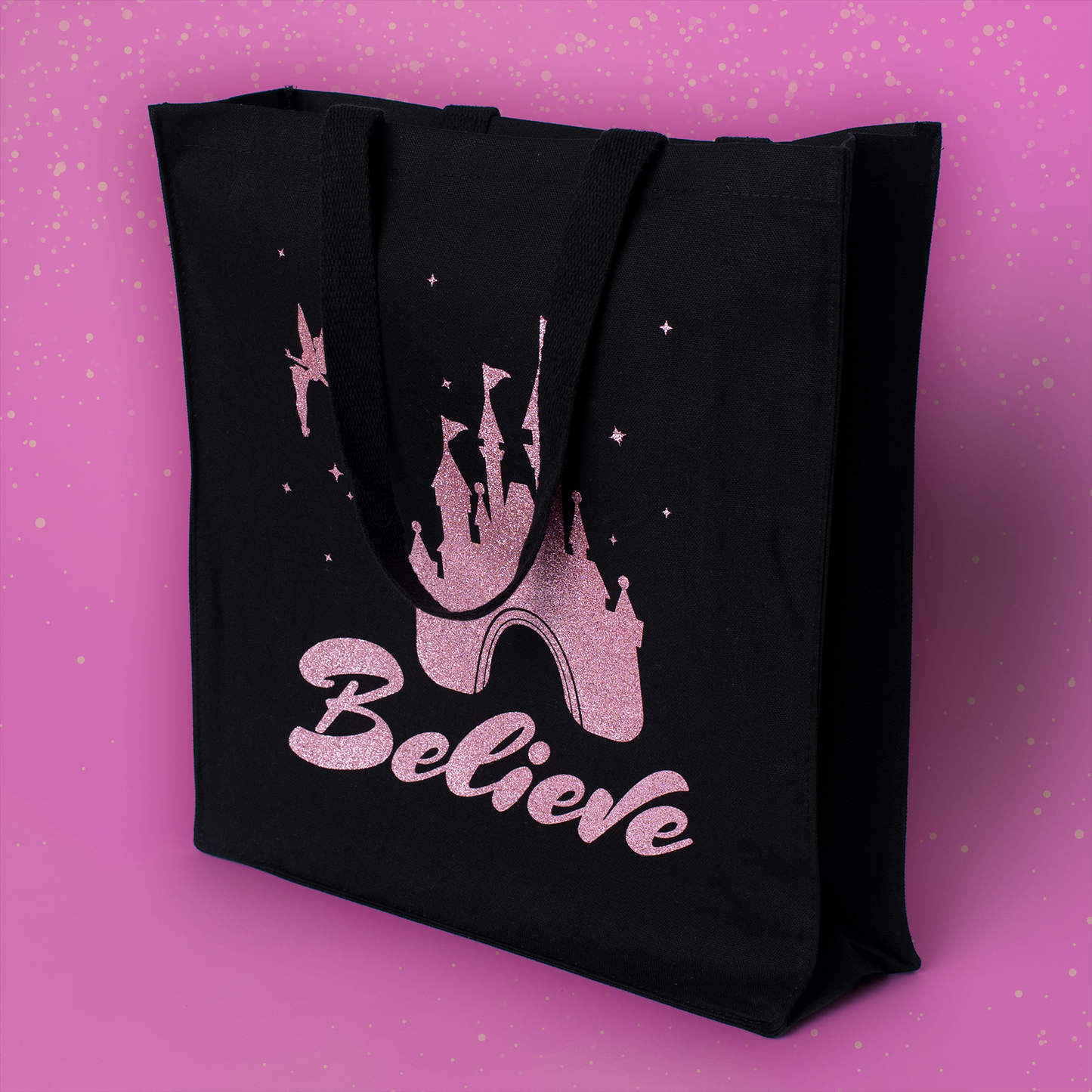Believe Glitter Tote Bag v1 • Black Cotton • 14 x 15 x 3.5 in • Glitter Vinyl