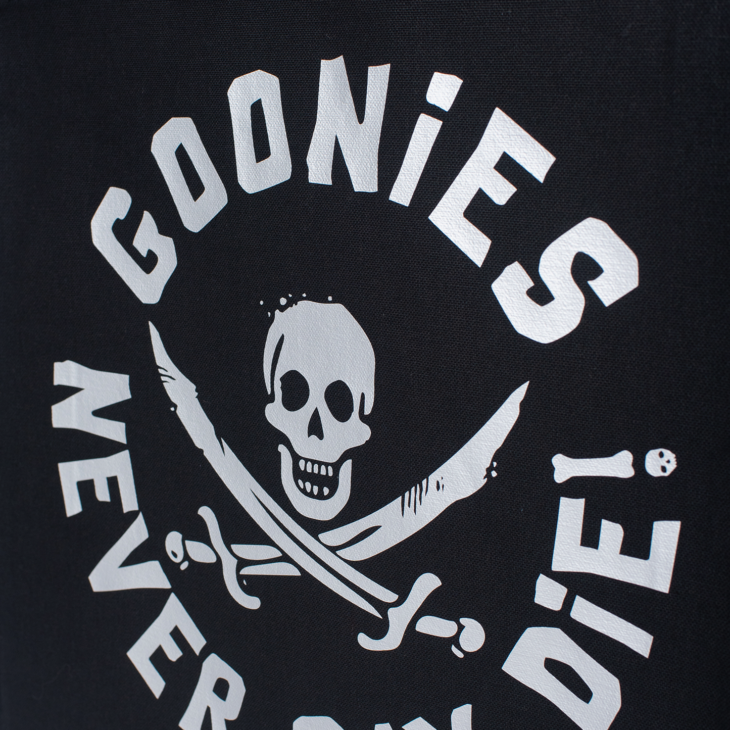 Goonies Pirate Skull Tote Bag • Black Cotton • 14 x 15 x 3.5 in • Gold/Silver Matte Vinyl