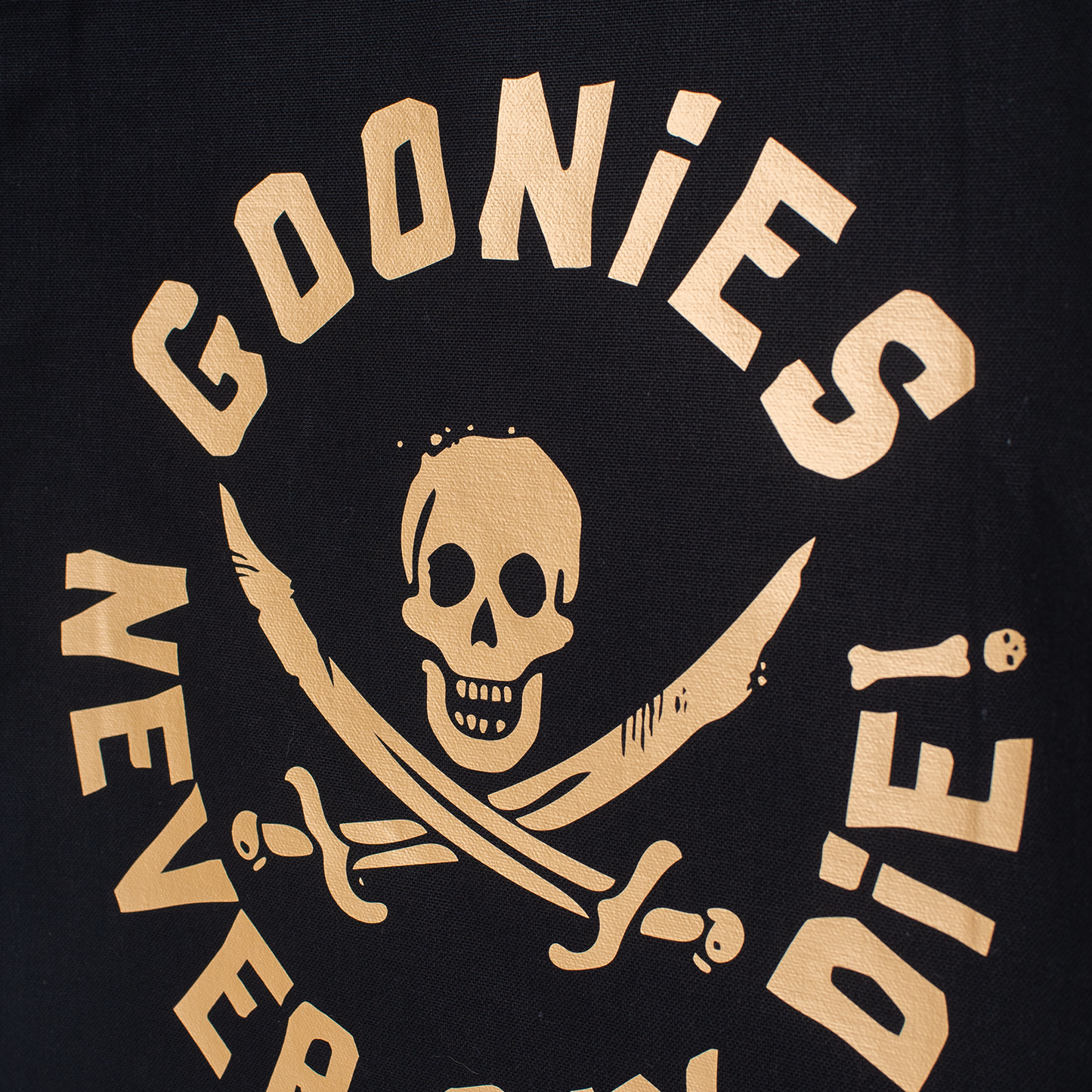 Goonies Pirate Skull Tote Bag • Black Cotton • 14 x 15 x 3.5 in • Gold/Silver Matte Vinyl