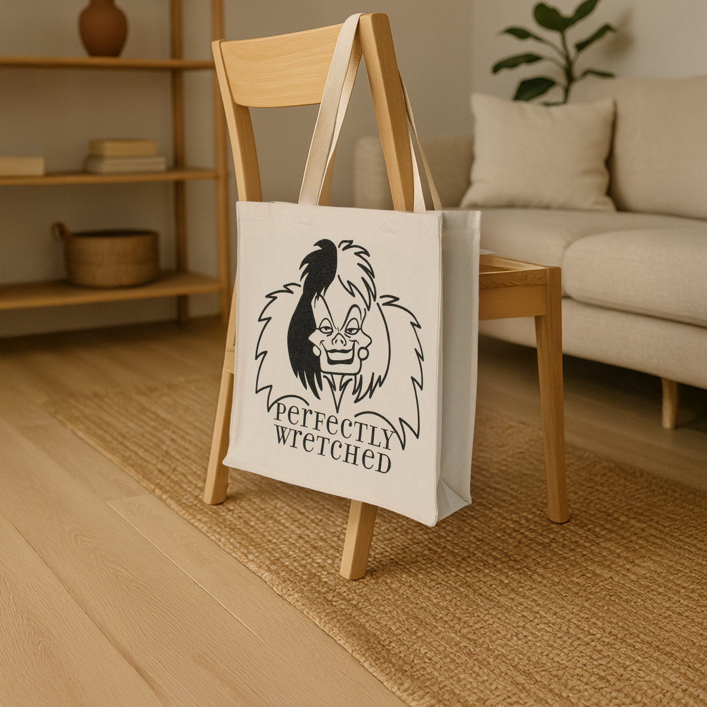 Cruella De Vil Perfectly Wretched Tote Bag • Natural Cotton • 14 x 15 x 3.5 in • Black/Black Glitter Vinyl