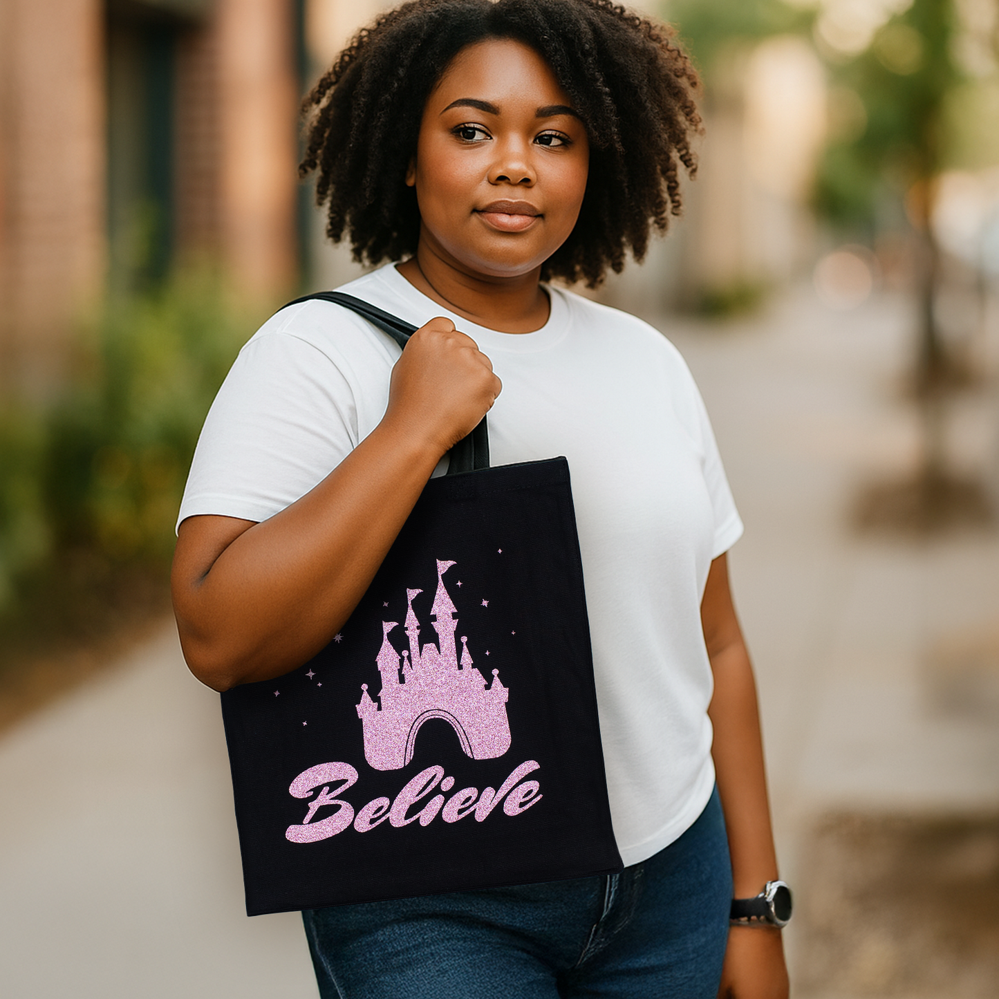 Believe Glitter Tote Bag v1 • Black Cotton • 14 x 15 x 3.5 in • Glitter Vinyl