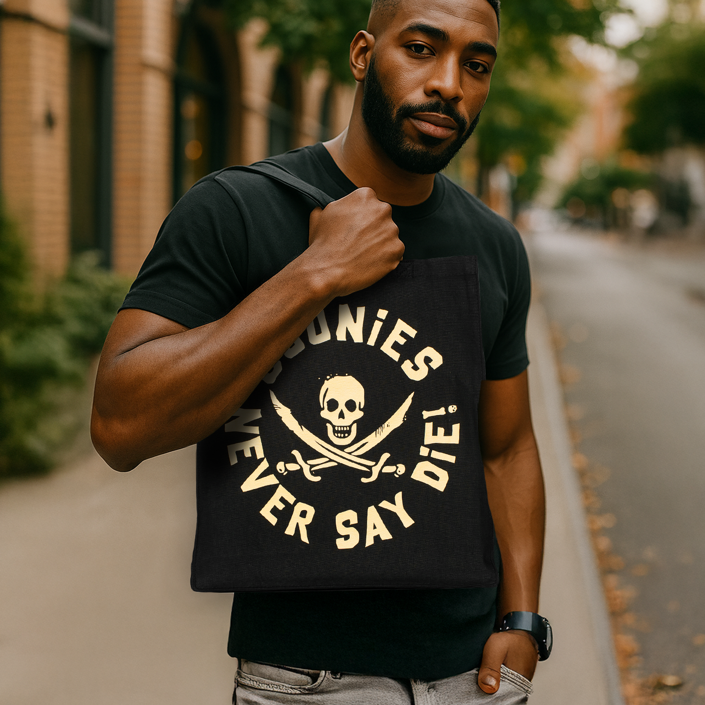 Goonies Pirate Skull Tote Bag • Black Cotton • 14 x 15 x 3.5 in • Gold/Silver Matte Vinyl