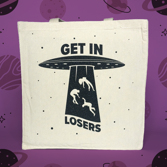 UFO Get In Losers Tote Bag • Natural Cotton • 14 x 15 x 3.5 in • Black/Black Glitter Vinyl