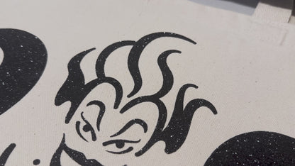 Ursula Poor Unfortunate Souls Tote Bag • Natural Cotton • 14 x 15 x 3.5 in • Black/Black Glitter Vinyl